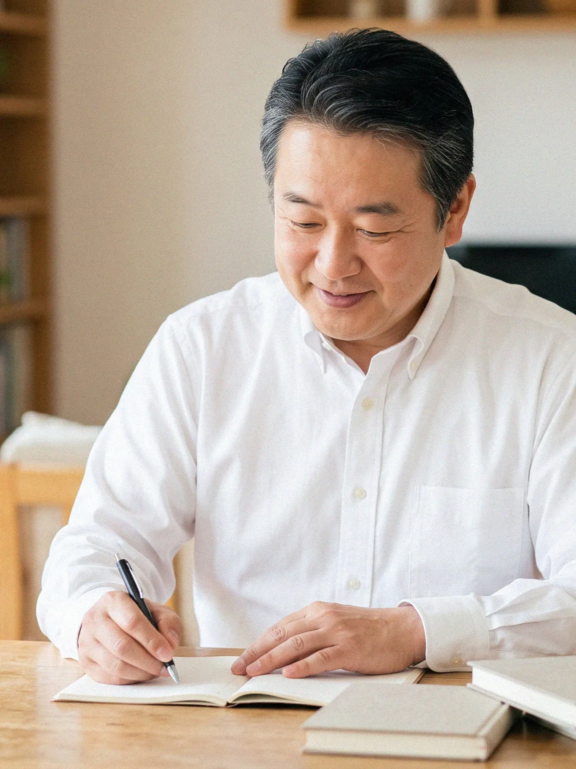 自宅で紙のテキストを開いて学習する人