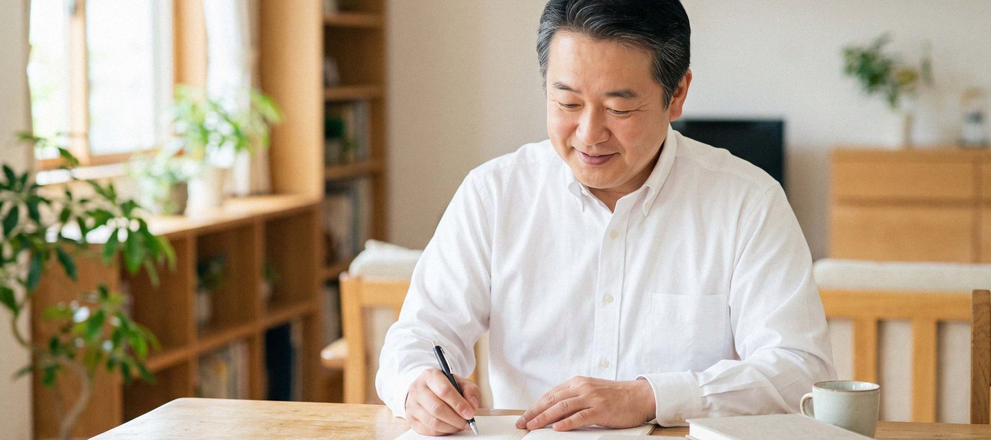 自宅で紙のテキストを開いて学習する人